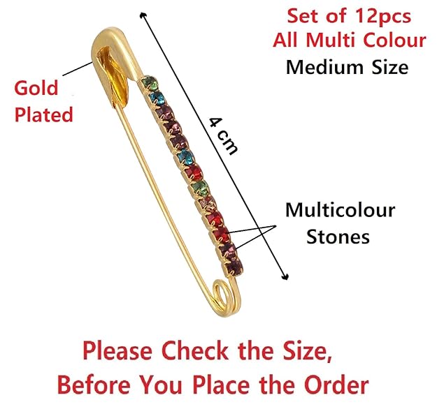 Safety Pins Golden Edition Pack Of 12 One Side Of Golden Colorful  Diamond Safety Pins