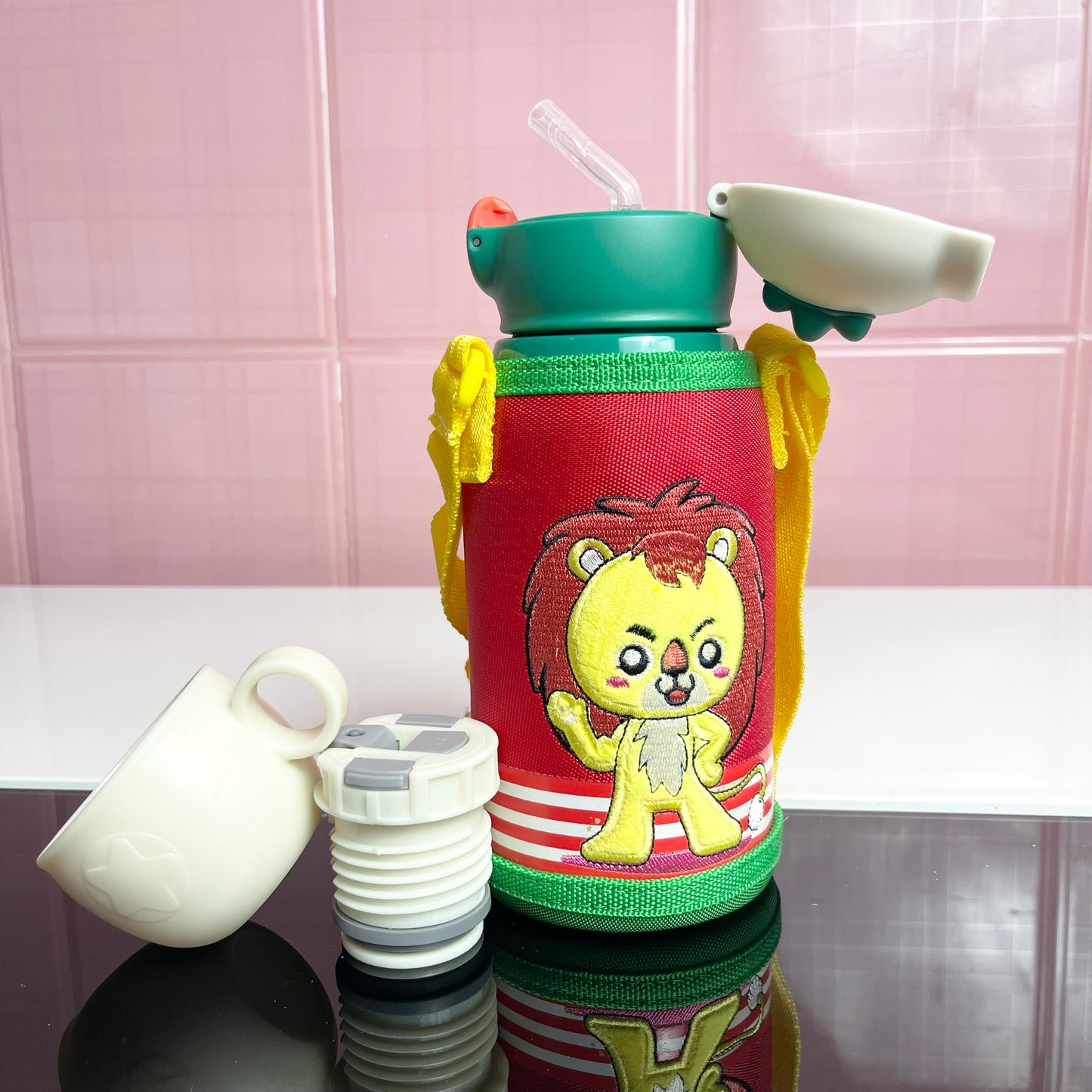 Kids Stainless Steel Green Straw Water Bottle With Extra Dispenser, Cup,Pouch and Customizable Sticker
