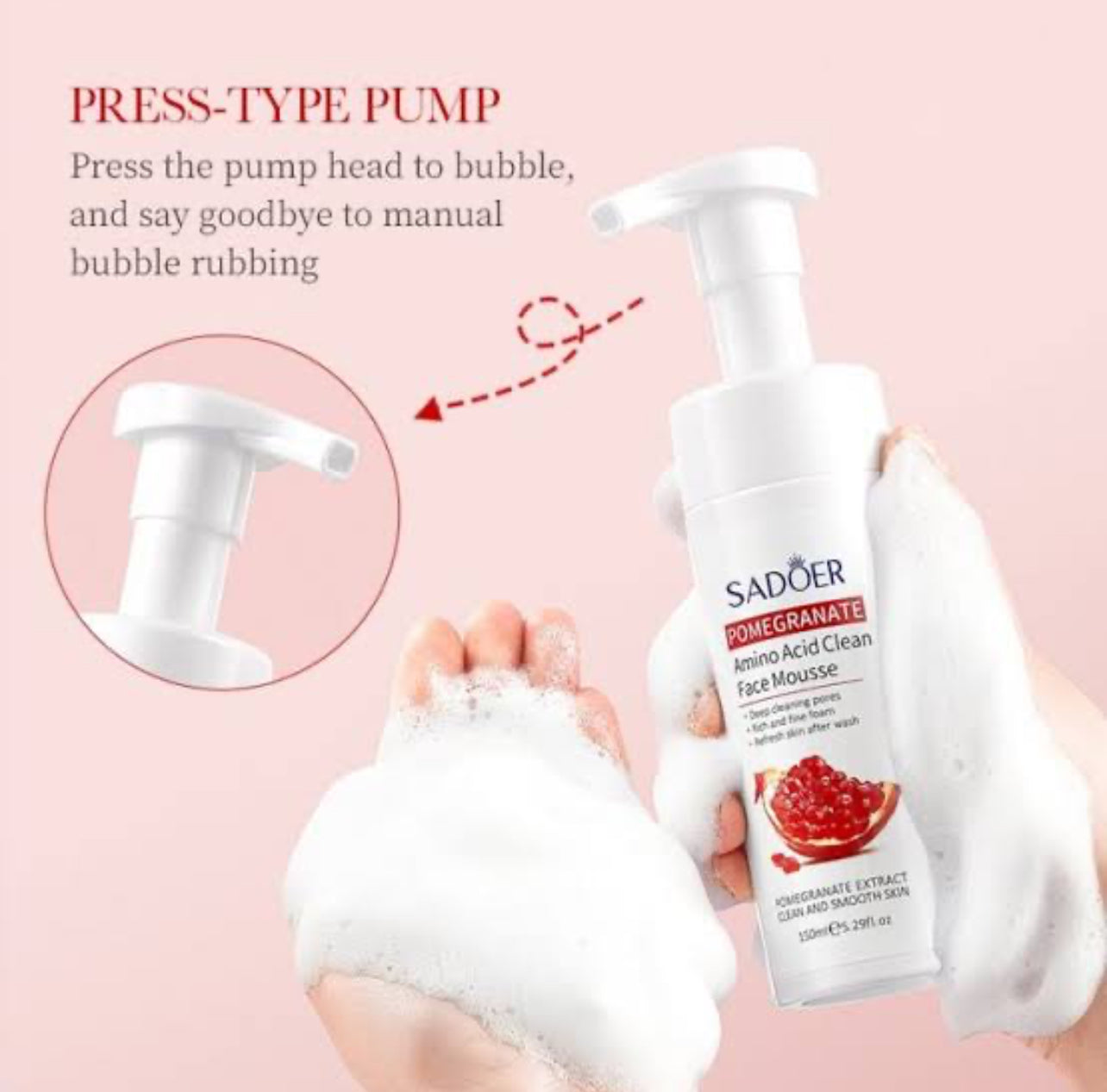 SADOER Pomegranate Fresh Brightening Amino Acid Clean Face Mousse Oil Control Cleansing Cleanser 150ml