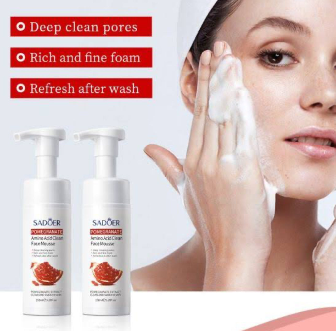 SADOER Pomegranate Fresh Brightening Amino Acid Clean Face Mousse Oil Control Cleansing Cleanser 150ml