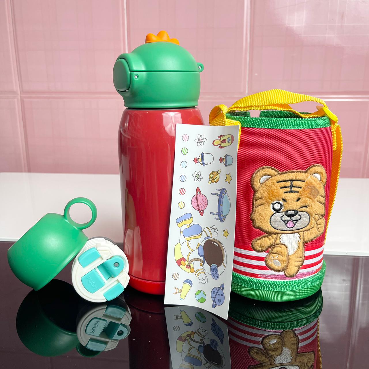 Kids Stainless Steel Straw Water Bottle With Extra Dispenser, Cup,Pouch and Customizable Sticker