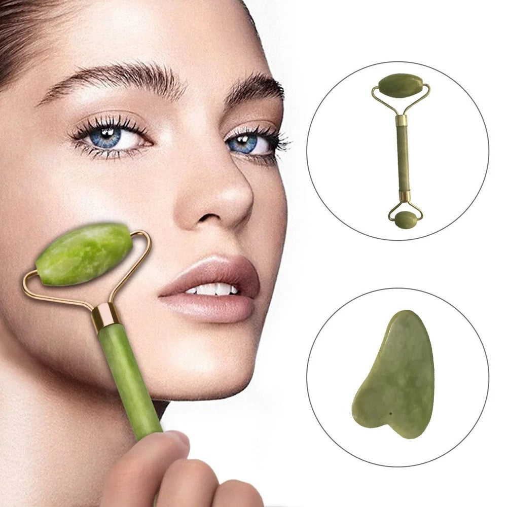 Natural Stone Jade Roller With Gua Sha Set For Facial Massager
