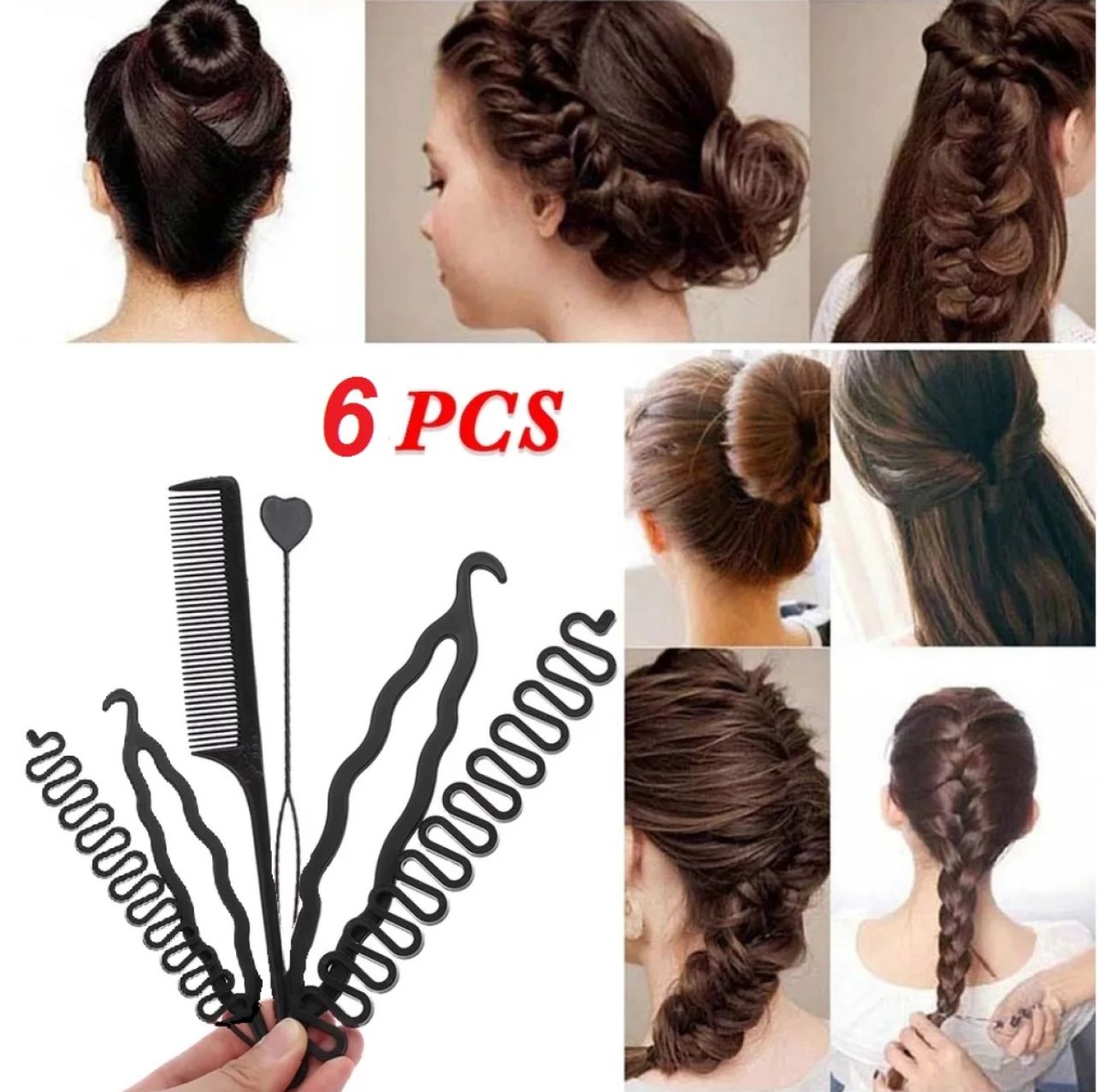 Girls hair styling accessories set 6pcs/set for making buns, twists and creative hair styling