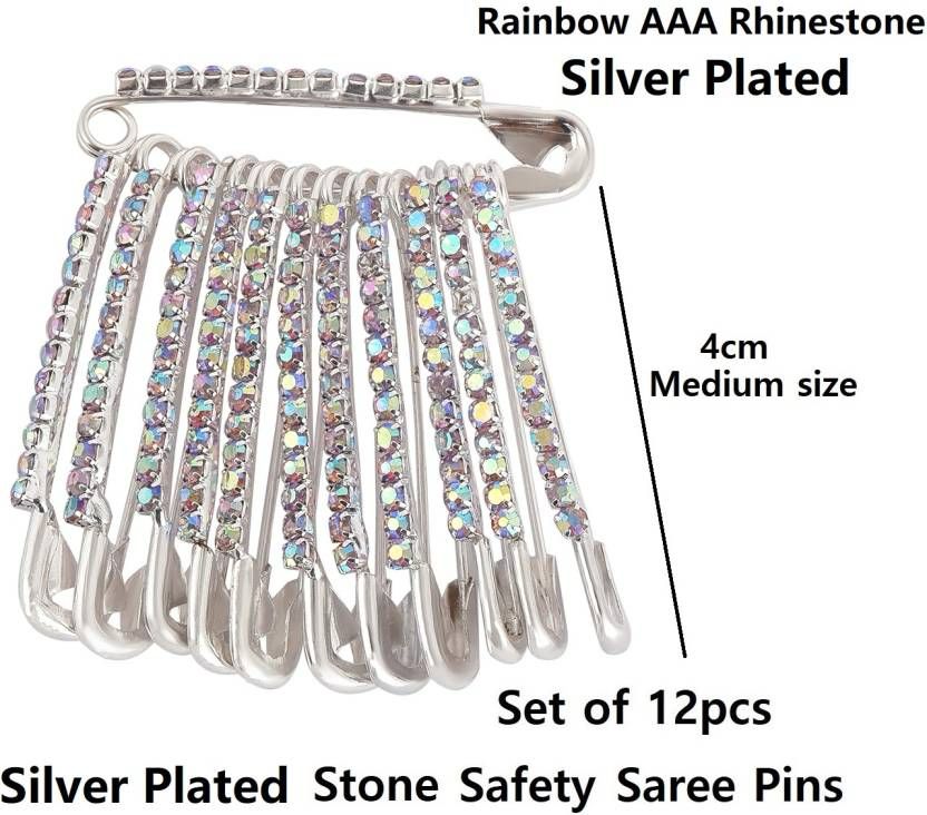 Safety Pins Golden Edition Pack Of 12 One Side Of Silver Colorful Diamond Safety Pins